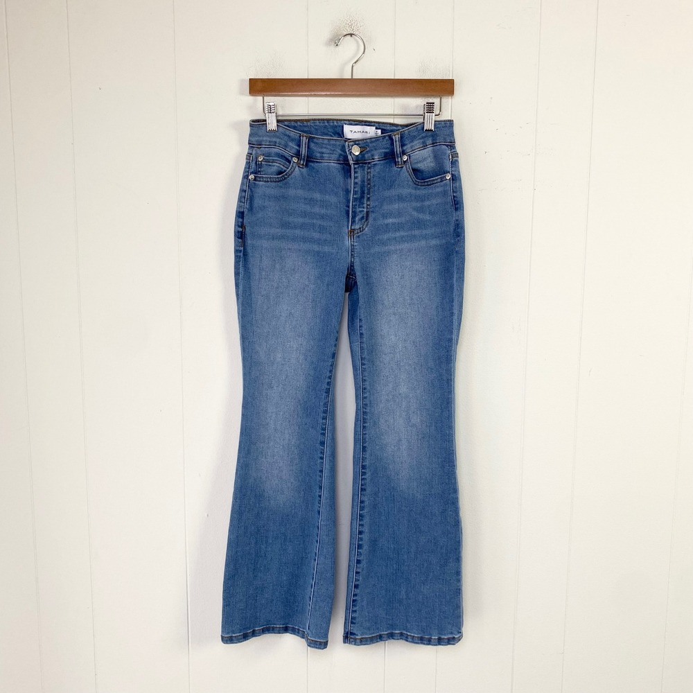 Tahari Petite Flare Jeans Medium Wash Blue High Rise Stretch Denim Size 2P
